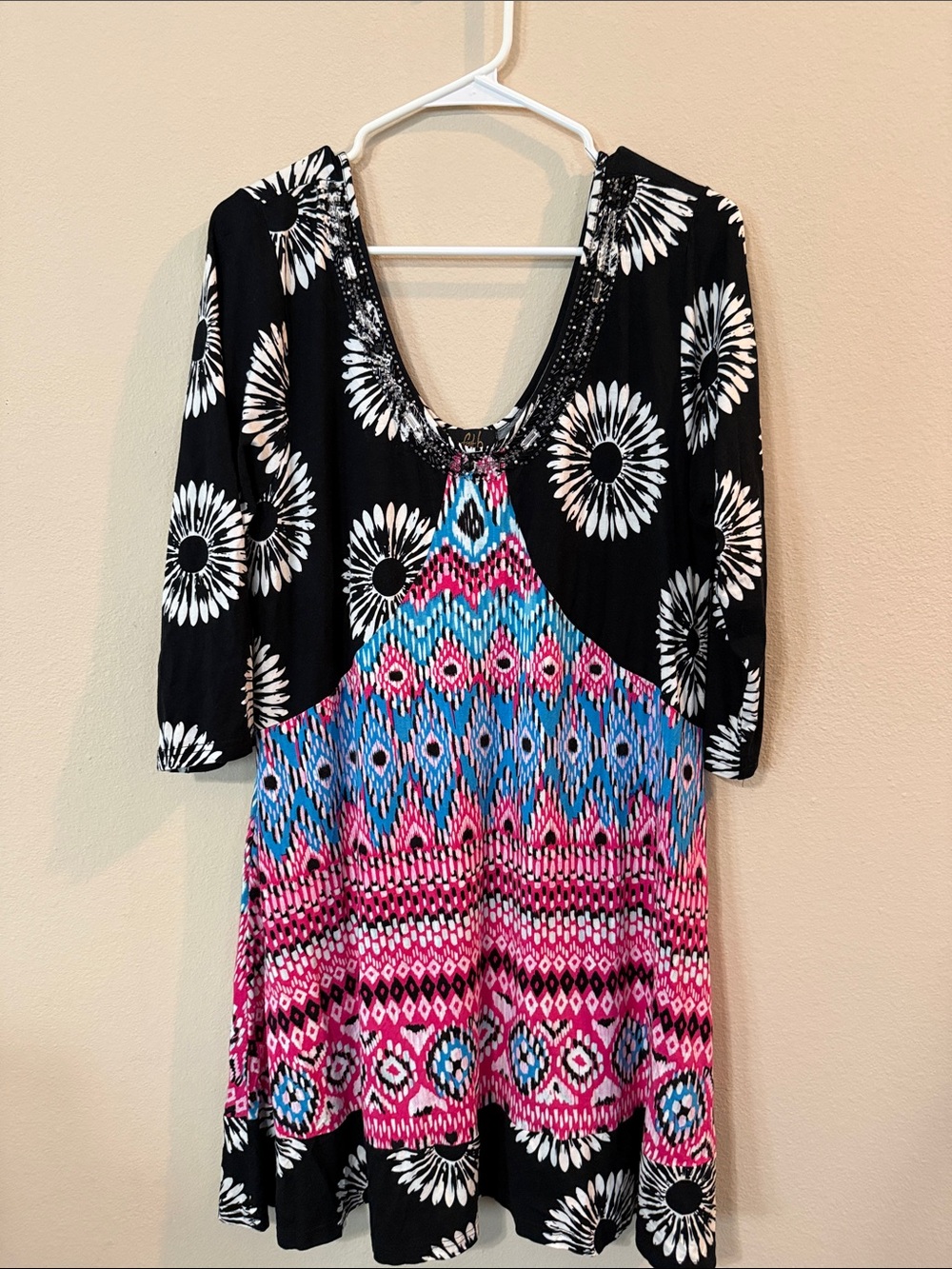 Black Floral & Pink Blue Pattern V-Neck Tunic
